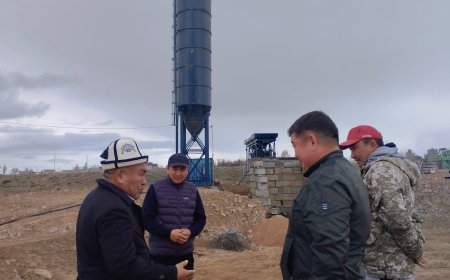 Ысык-Көл райондук мамлекеттик администрациясынын башчысы-аким Жапарбек Ормонов Кара-Ой айылында курулуп жаткан "Аалам Бетон" инерттик материалдарды чыгаруу заводу менен таанышты.